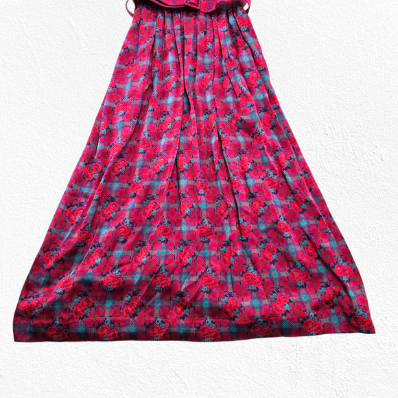 Vintage 80s Halston III Silk Floral Plaid Dress Red Pink Teal Belted Midi Size 4 - Picture 3 of 16